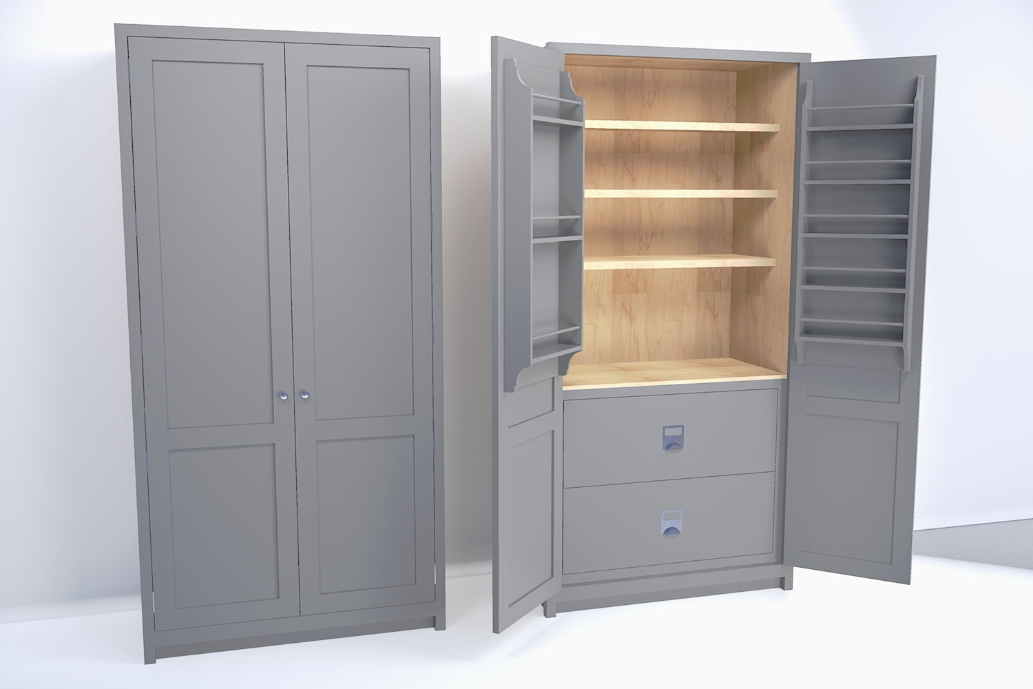 Two Door Chefs Pantry, 2 Drawers, 3 Shelves, 2 Door Racks