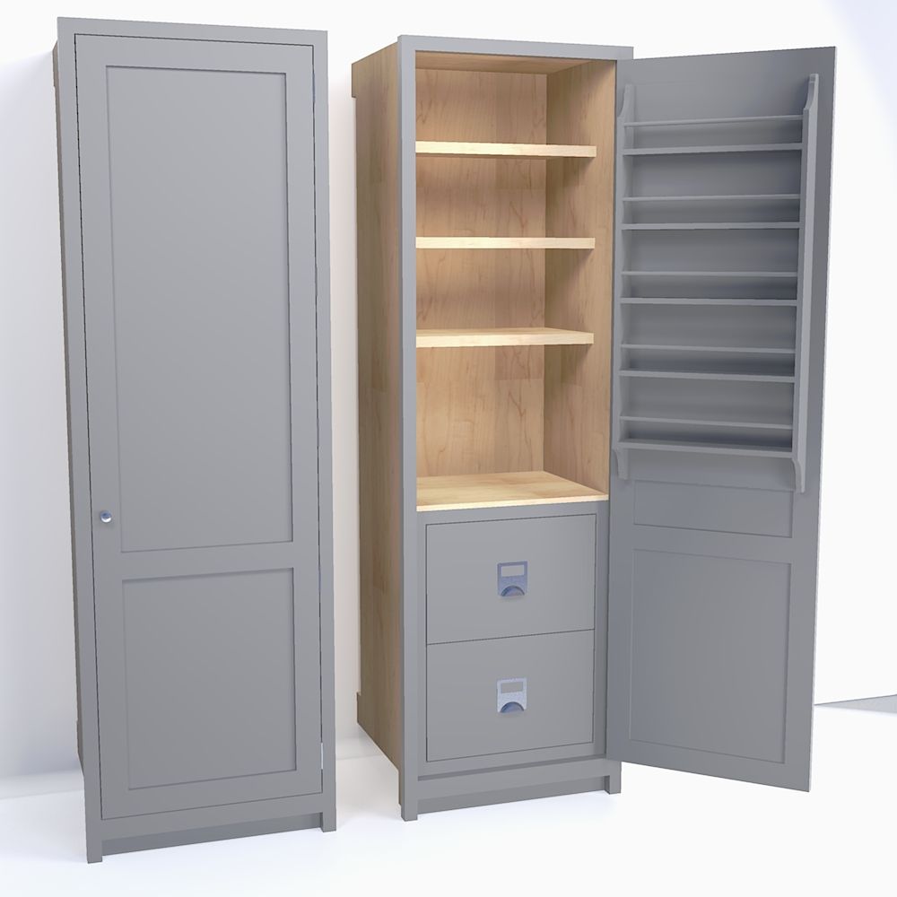 Single Door Chefs Pantry, 2 Drawers, 3 Shelves, 1 Door Rack